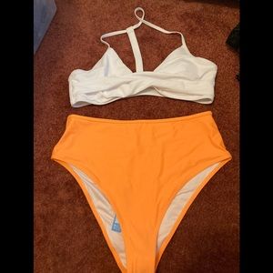 ORANGE AND WHITE HIGH WAISTED TWO PIECE BATHING SUITE BY CUPSHE